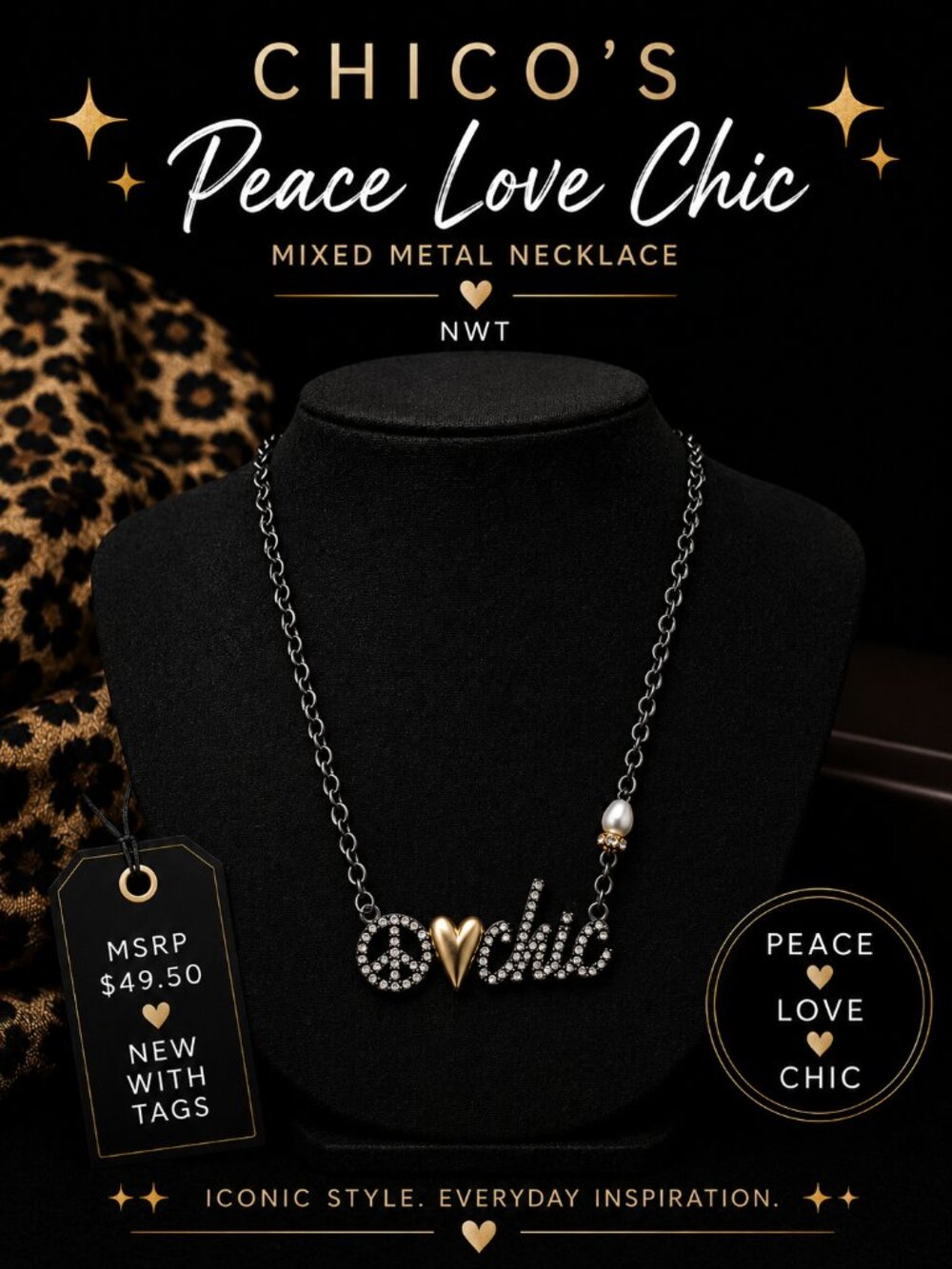 Chico's NWT Peace Love Chic Mixed Metal Crystal Necklace